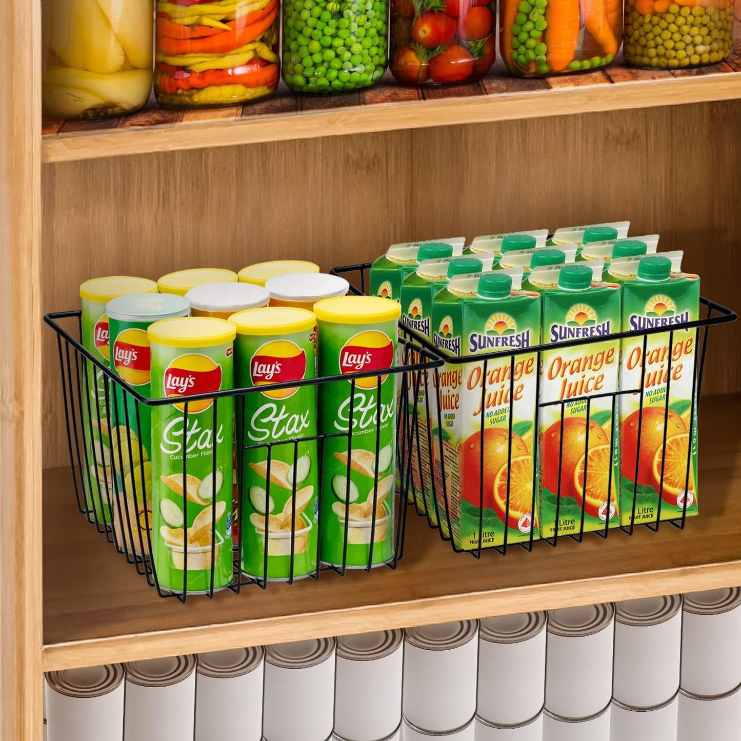 SANNO Freezer Storage Baskets, Pantry Storage Wire Basket Organizer Bins Refrigerator Bin with Built-in Handles for Cabinets, Pantry, Closets, Bedrooms - Set of 4 Black, Black,11"x 10"