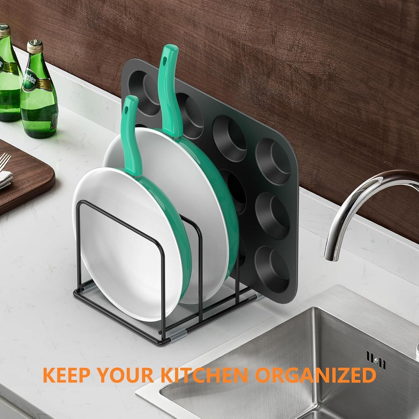 Kitchen Cabinet Organizer - Steel Cookware Rack, Divided Holder with 3 Slots for Skillets, Baking Tray and Chopping Board - Pan Storage (2.2 Inch Width Slots)