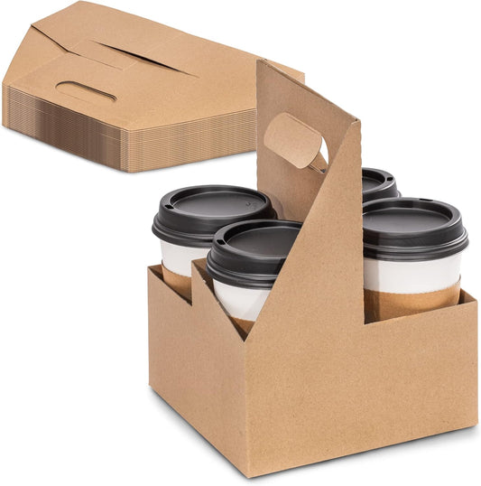 FMP Brands 4 Cup Disposable Drink Carrier with Handle, 25 Pack Kraft Paperboard Handled Drink Carriers 12-30 oz to Go Coffee Cup Holder, Cup Carrier for Cold Hot Drinks, Takeout, Cafe and Restaurant