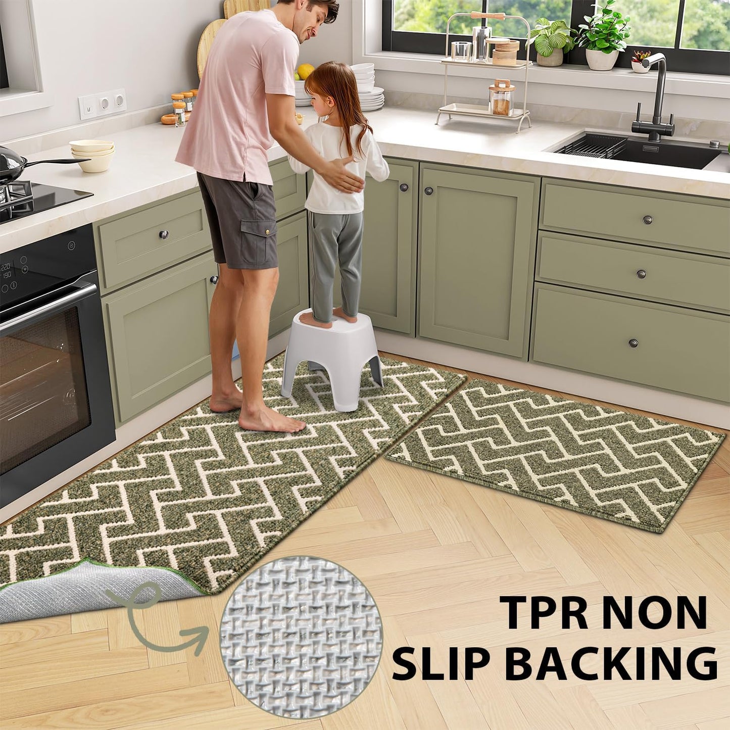 hicorfe Kitchen Rugs and Mats Sets,Non-Slip 2 Pieces Absorbent 100% Polypropylene Rug,Comfort Kitchen Runner Mat,Washable for Kitchen,Sink,Laundry(20" x 31.5" Plus 20" x 48",Green)