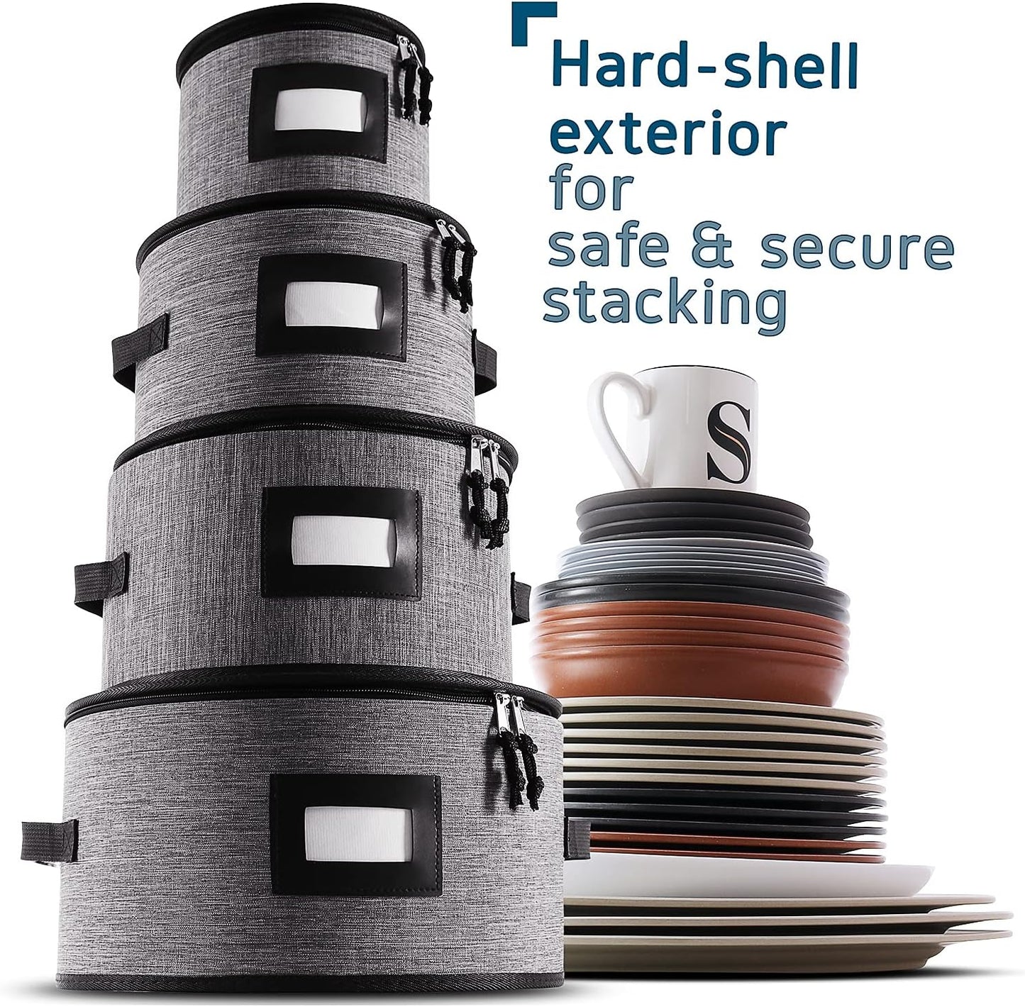 Fine China Storage Containers Hard Shell, 4 Piece Dish Storage Containers, Quilted Plate Storage Containers, Stackable Dish Organizer with Dividers, Dinnerware Storage for Moving and Seasonal Storage