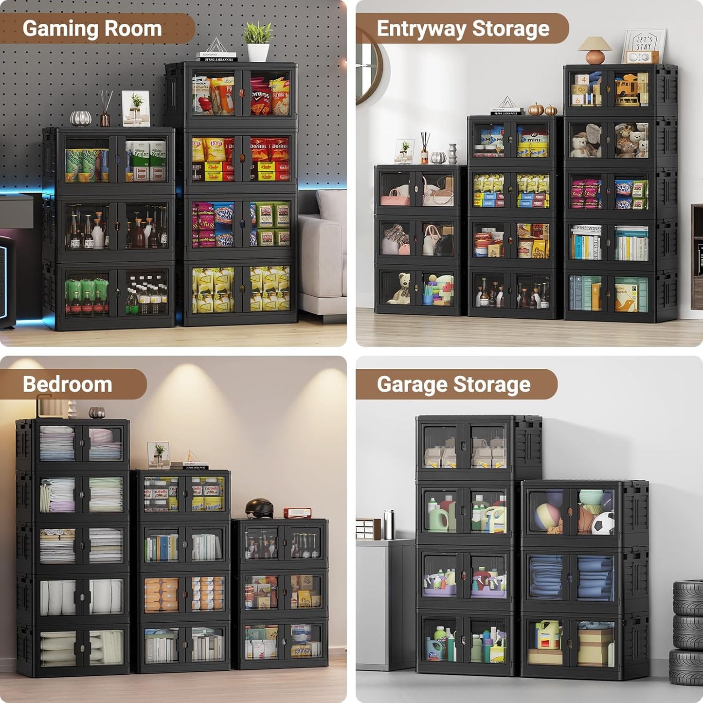 345Qt Stackable Storage Bins with Individual Lids & Wheels, Large Plastic Collapsible Latching Boxes Closet Organizers and Storage Cabinet Shelves Units for Home Kitchen Dorm, 3-Pack Black