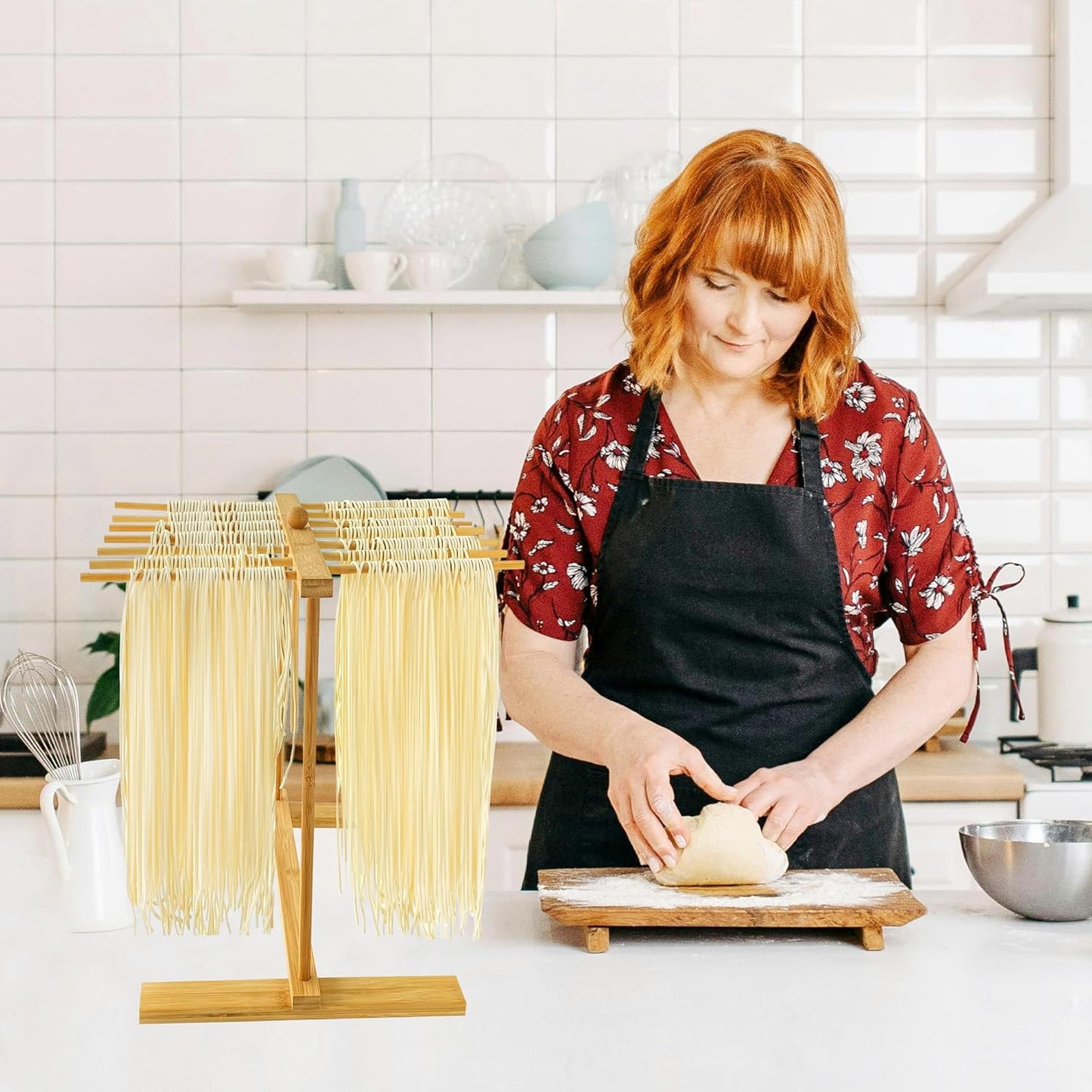 Bamboo-Pasta-Drying-Rack With Transfer Wand & 12 Arms, Large Tall Collapsible Fresh Pasta Dryer Holder For Homemade Noodle, Spaghetti, Tagliatelle, Detachable Fettuccine Hanger Stand With 12 Bars