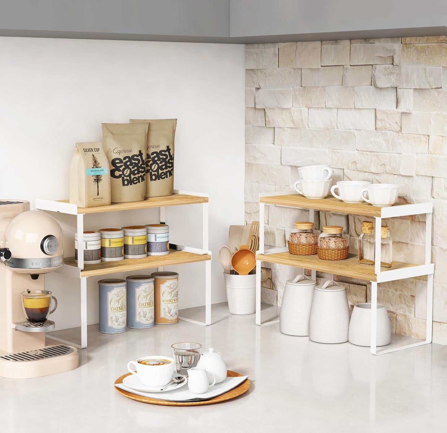 Kitchen Cabinet Organizer Shelf Set of 4, Large Stackable Pantry Cupboard Countertop Storage and Organizer, Desk Shelf Riser, Spice Plate Cup Expandable Storage Rack (Bamboo White)