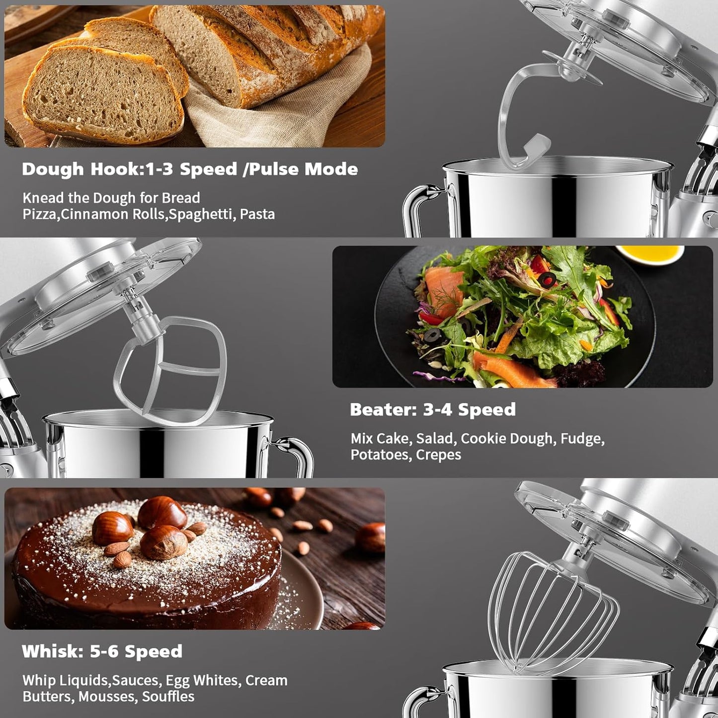 Stand Mixer, POWWA 7.5 Quart Electric Mixer, 6+1 Speed 660W Tilt-Head Kitchen Food Mixers with Whisk, Dough Hook, Mixing Beater & Splash Guard for Baking, Cake, Cookie (Silver-with Handle)