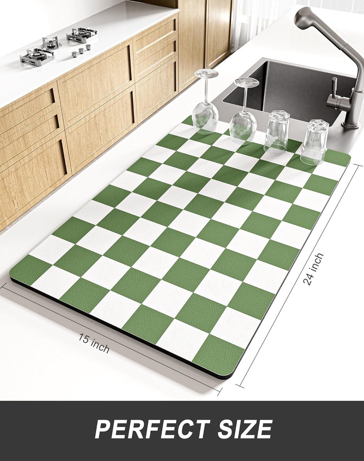 Rnivvi Dish Drying Mat for Kitchen Counter, XL 15 x 24" Cute Checkered Absorbent Draining Pad, Non-Slip Heat Resistant Coffee Bar Mat for Coffee Machine Station Accessories, Green White Dish Rack Pad