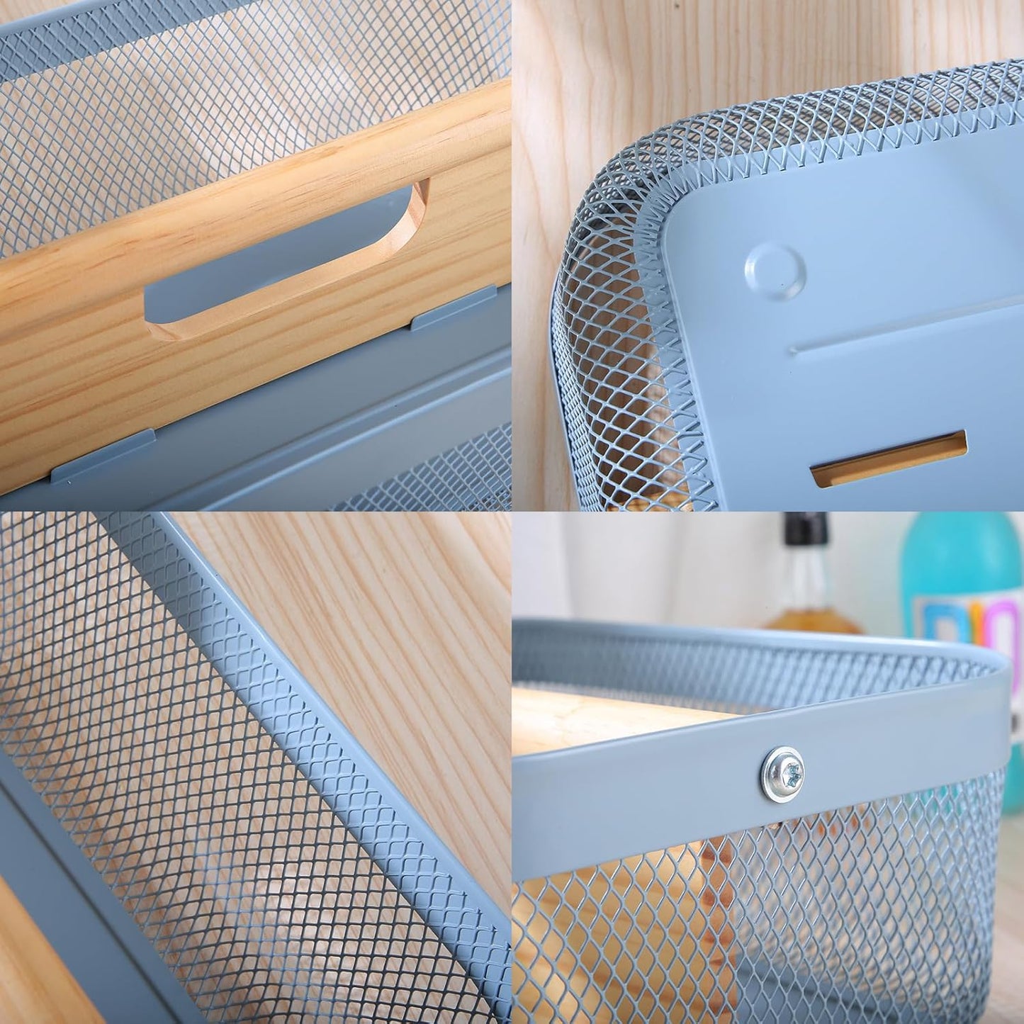 Metal Mesh Steel Storage Basket, Garden Harvest Wire Organizer Basket Multi-functional Kitchen Fruit Basket with Wooden Removable Partition & Handle for Bathroom Picnic Decor Cabinet, Blue