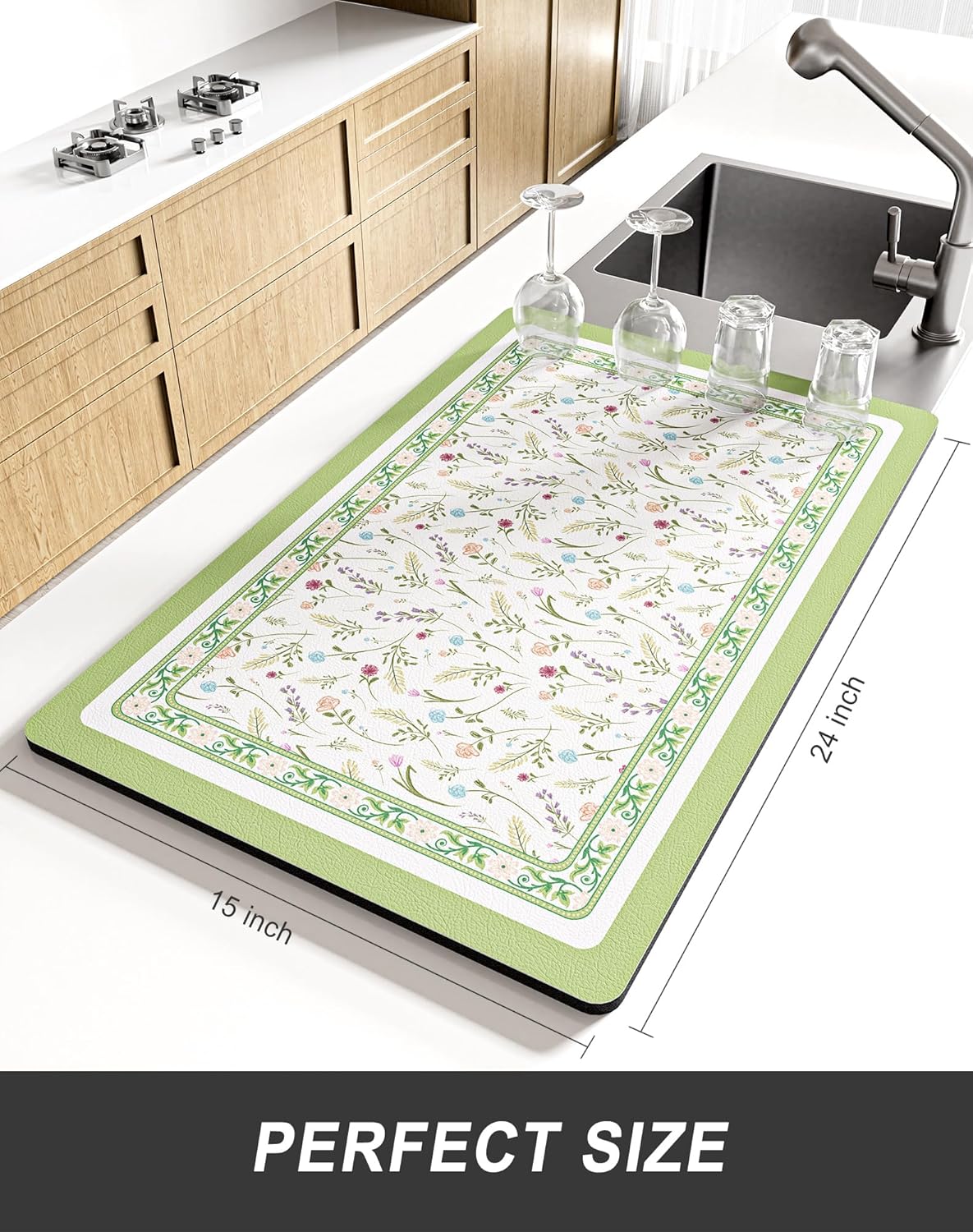 Rnivvi Dish Drying Mat for Kitchen Counter, XL 15 x 24" Cute Flower Theme Absorbent Draining Pad, Non-Slip Heat Resistant Coffee Bar Mat for Coffee Machine Station Accessories, Green Dish Rack Pad