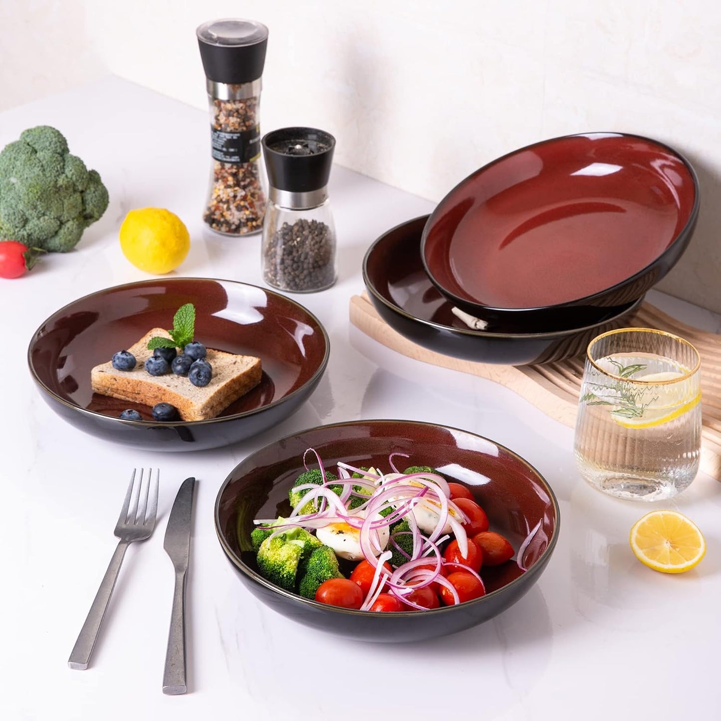 LERATIO Large Pasta Bowls,38oz Ceramic Pasta Bowls,9.0" Reactive Glaze Pasta Bowl Set of 4,Microwave & Dishwasher,Oven Safe,Wide Serving Bowls for Salad,Dessert,Fruit-Reddish Brown