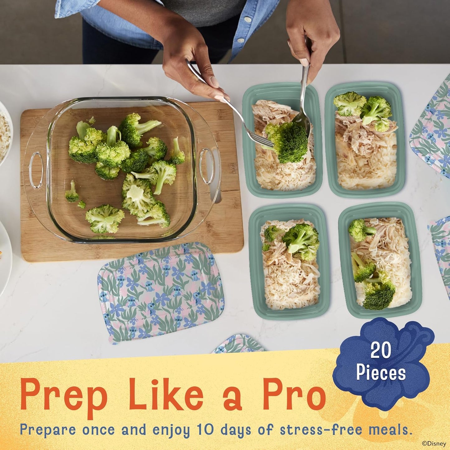 Disney Meal Prep Containers - 20-Piece Reusable Food Containers with Lids - Freezer, Microwave & Dishwasher Safe - Featuring Mickey & Minnie, Lilo & Stitch