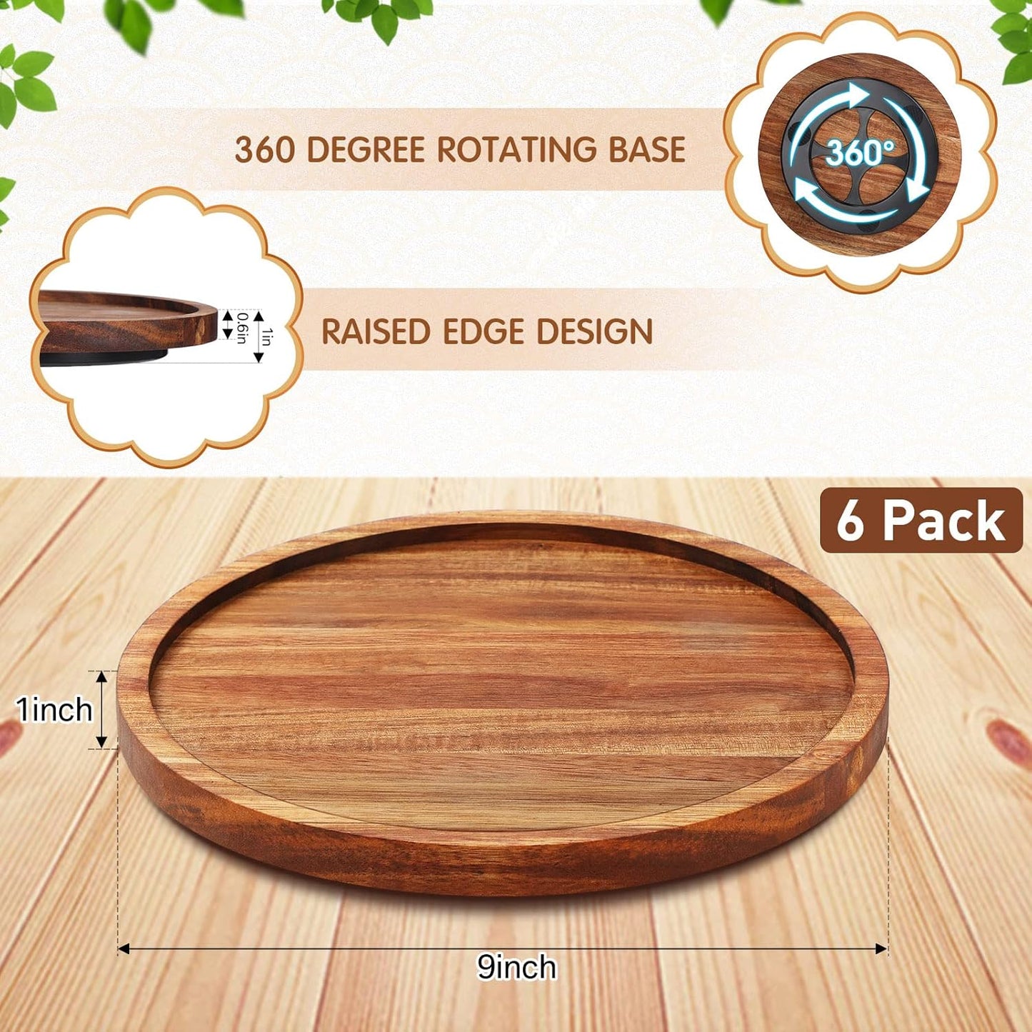 Mumufy 6 Pcs Lazy Susan Turntable Organizer Round Lazy Susan Turntable Tray for Kitchen Counter Pantry Table Organization Cabinet Bathroom(Acacia Wood,9 Inch)
