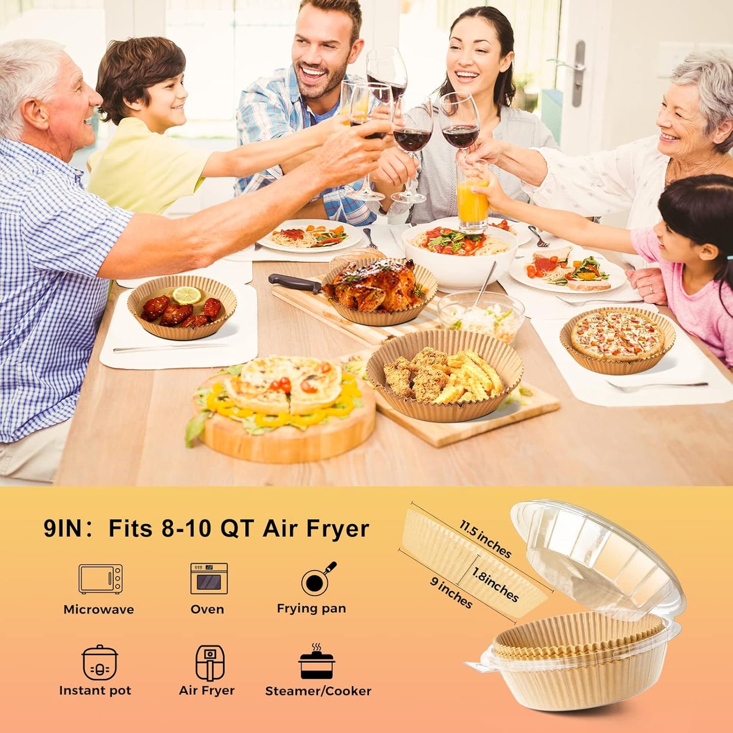 Air Fryer Disposable Paper Liners: 100PCS 9IN Round Air Fryer Basket Liners Food Grade Non-Stick Parchment Paper for Oven Steamer Microwave