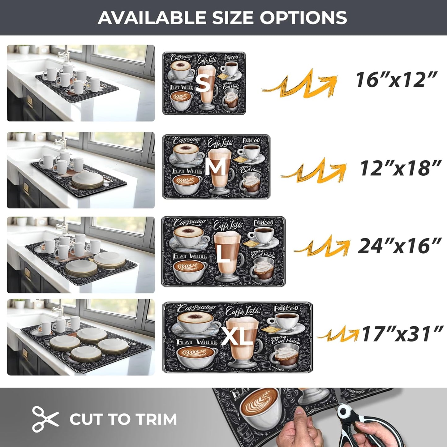 Dish Drying Mat Super Absorbent – 24" x 16" Coffee Mat for Countertops – Non-Slip Drying Mat for Kitchen Counter – Easy to Clean Water Absorbent Mat – Large Mat (Costa Rica Coffee)