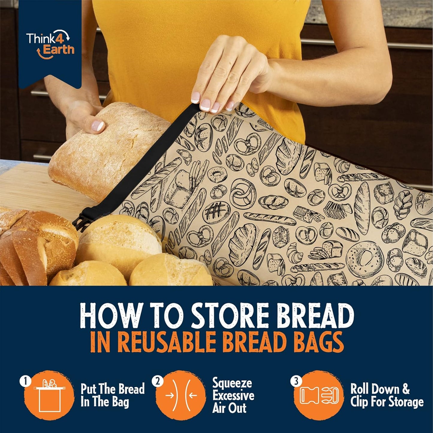 THINK4EARTH® Premium Brown Reusable Bread Bags for Homemade Bread – Durable & Washable (2 Pack)