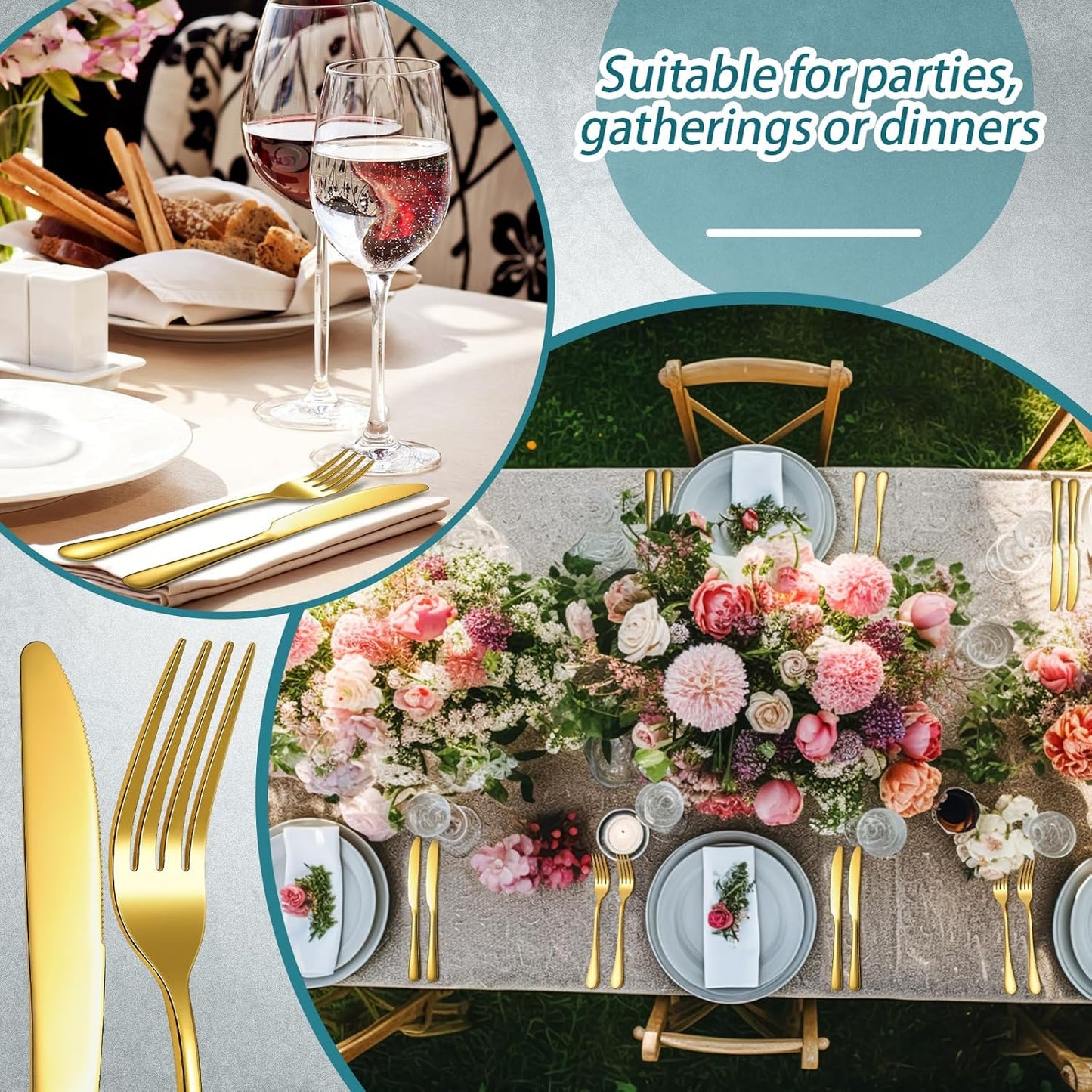 Nuenen 50 Pieces Stainless Steel Forks Silverware Set Dinner Forks and Knives Flatware Tableware Cutlery Set for Kitchen Restaurant(8.07 x 0.94 Inch, 9.06 x 0.79 Inch,Gold)