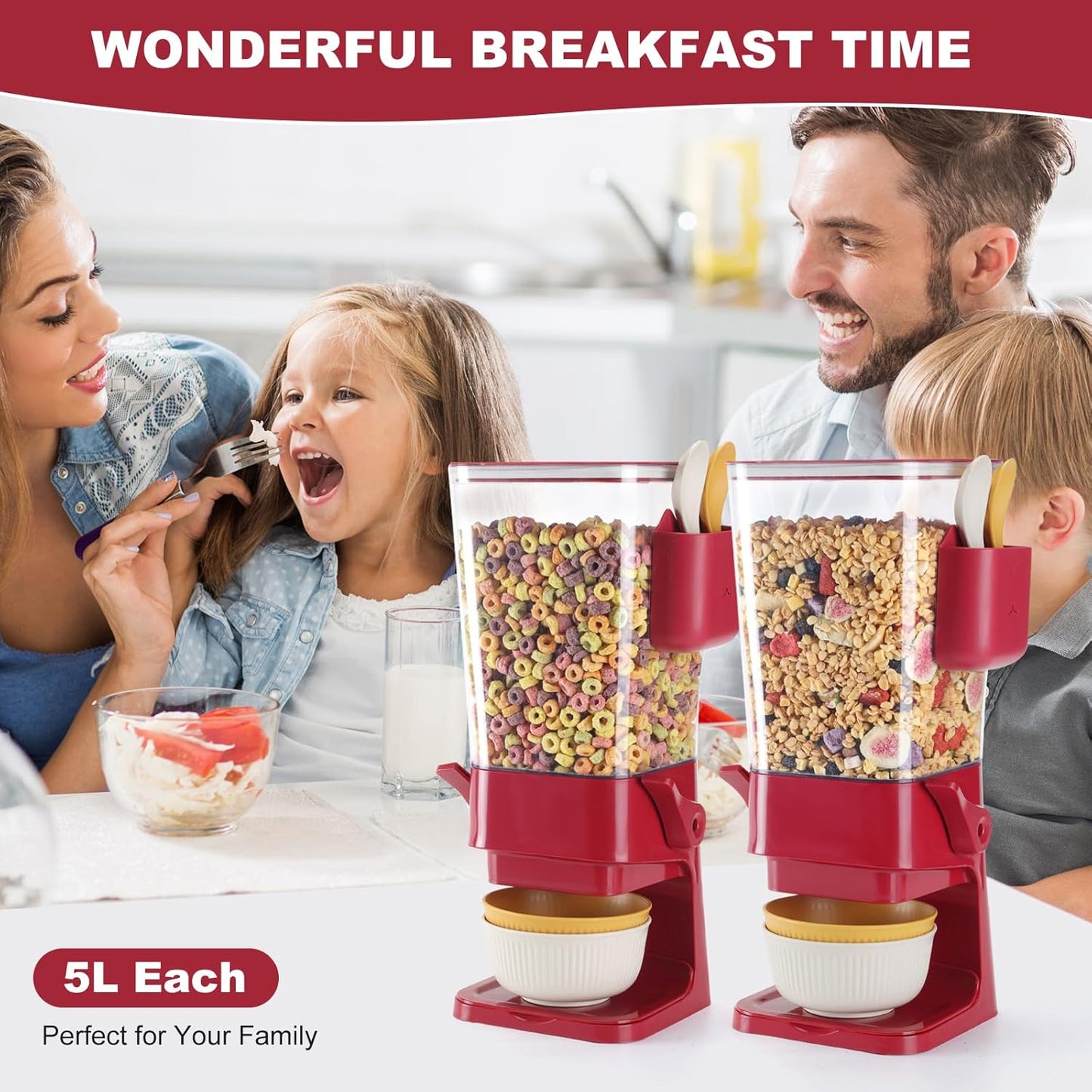 Cereal Dispenser Countertop Red 2 Pack with Creal Bowls Spoons Cutlery Box, Cereal Containers Storage - Not Easy to Crush Food, Dry Food Dispenser For Pantry Candy Snack