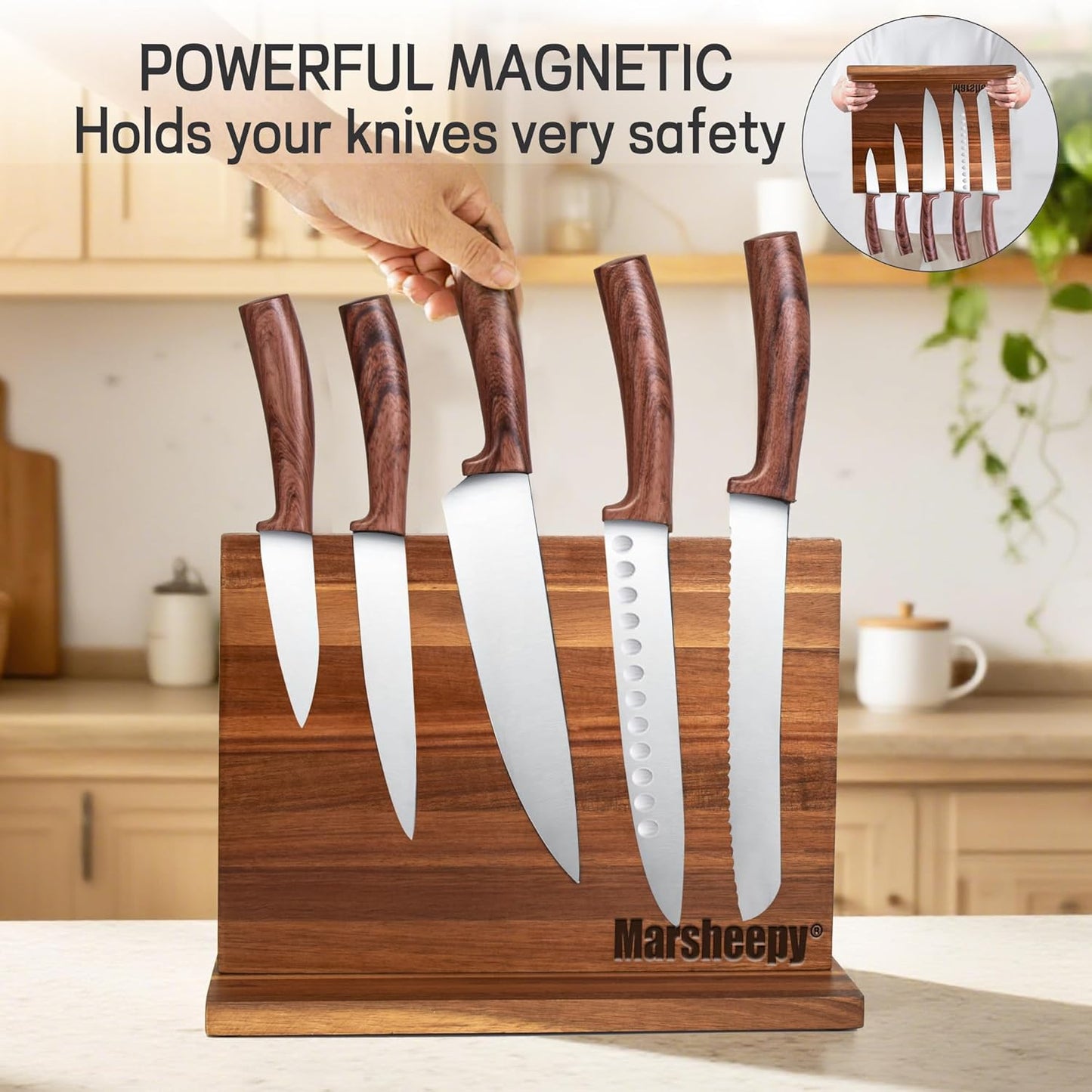 Home Kitchen Magnetic Knife Block，Double Sided Magnetic Knife Holder Rack for Kitchen Counter，Acacia Wood with Strong Enhanced Magnets Knife Storage Stand