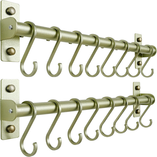 Dseap Kitchen Utensil Holder Hanger, Pot and Pan Rack Wall Mounted, Kitchen Rail with 8 Hooks for Hanging Cooking Utensils, Mugs, Spoons, Wall Mounted, Champagne Color, Pack of 2