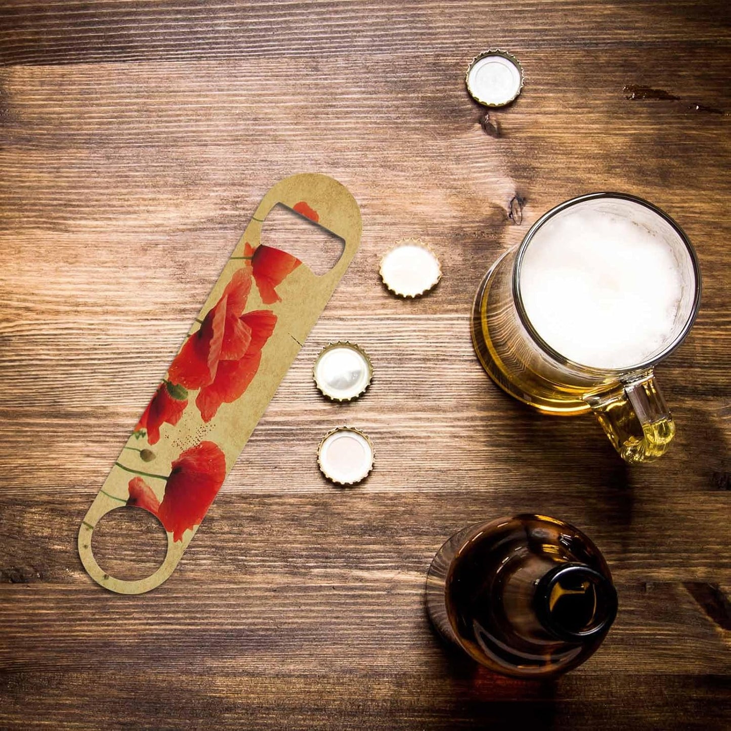 Red Poppies Flower Stainless Steel Bottle Opener Vintage Textures with Field Flower Rose Plant Nature Grass Flat Beer Bottle Opener Keychain for Home Kitchen Bar Restaurant Party Birthday Gift
