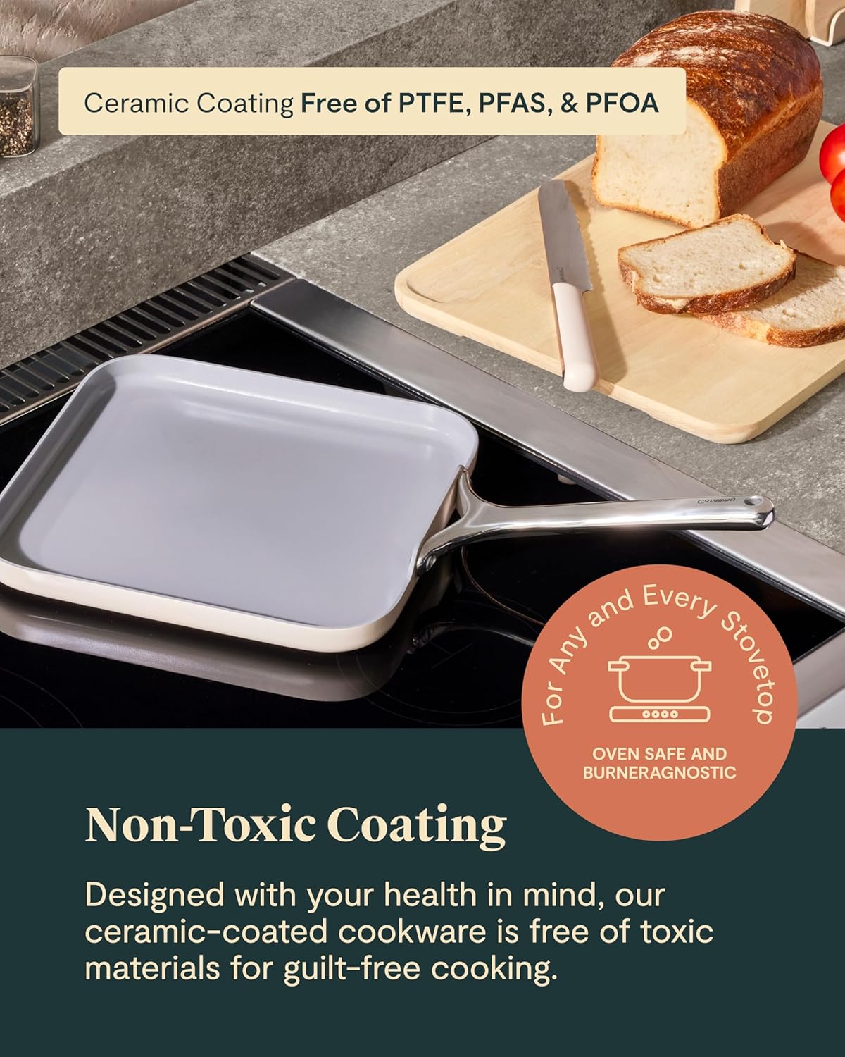 Caraway Square Griddle Pan - 11” Square Pan - Non-Stick Ceramic Coated - Non Toxic, PTFE & PFOA Free - Oven Safe & Compatible with All Stovetops - Gray