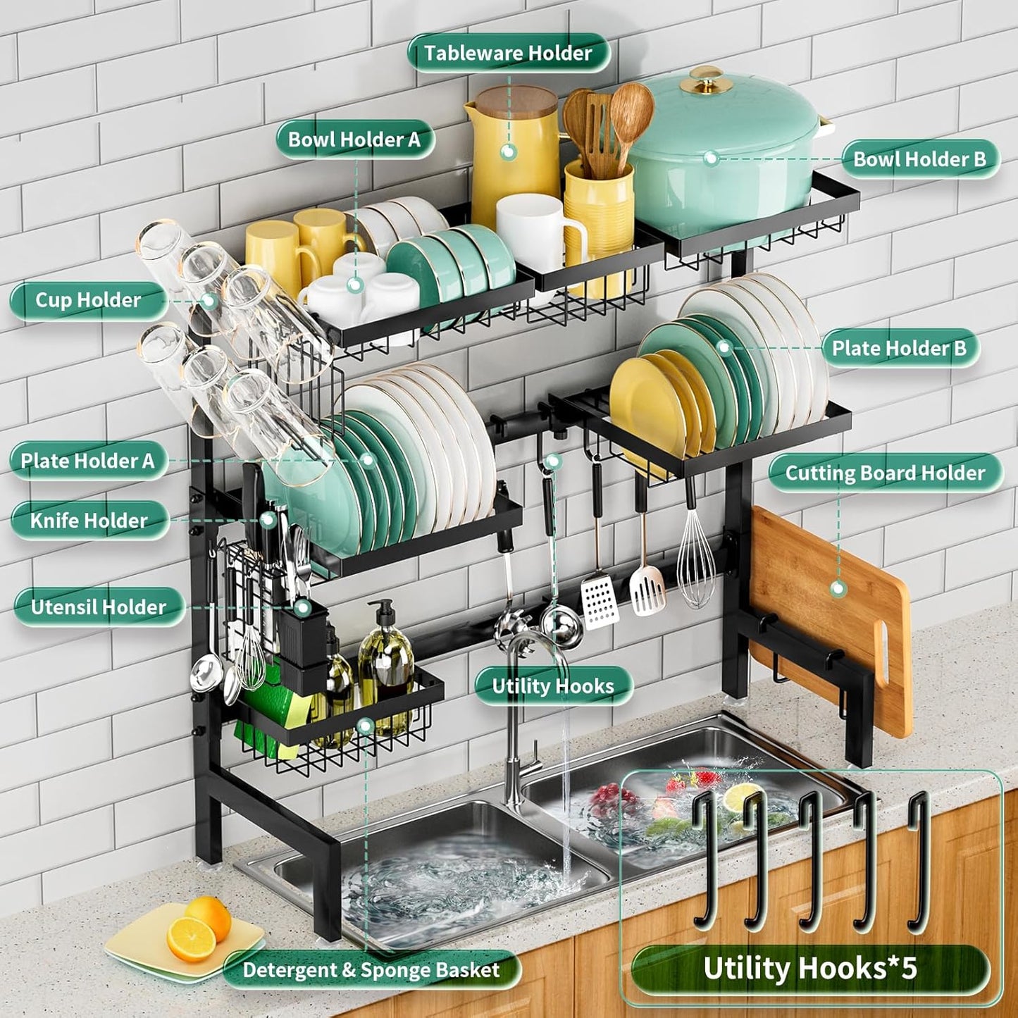 Over The Sink Dish Drying Rack,Expandable Length 3-Tier Large Stainless Steel Over The Sink Dish Rack with 6 Baskets, Utensil Holder Dish Drainers for Kitchen Counter