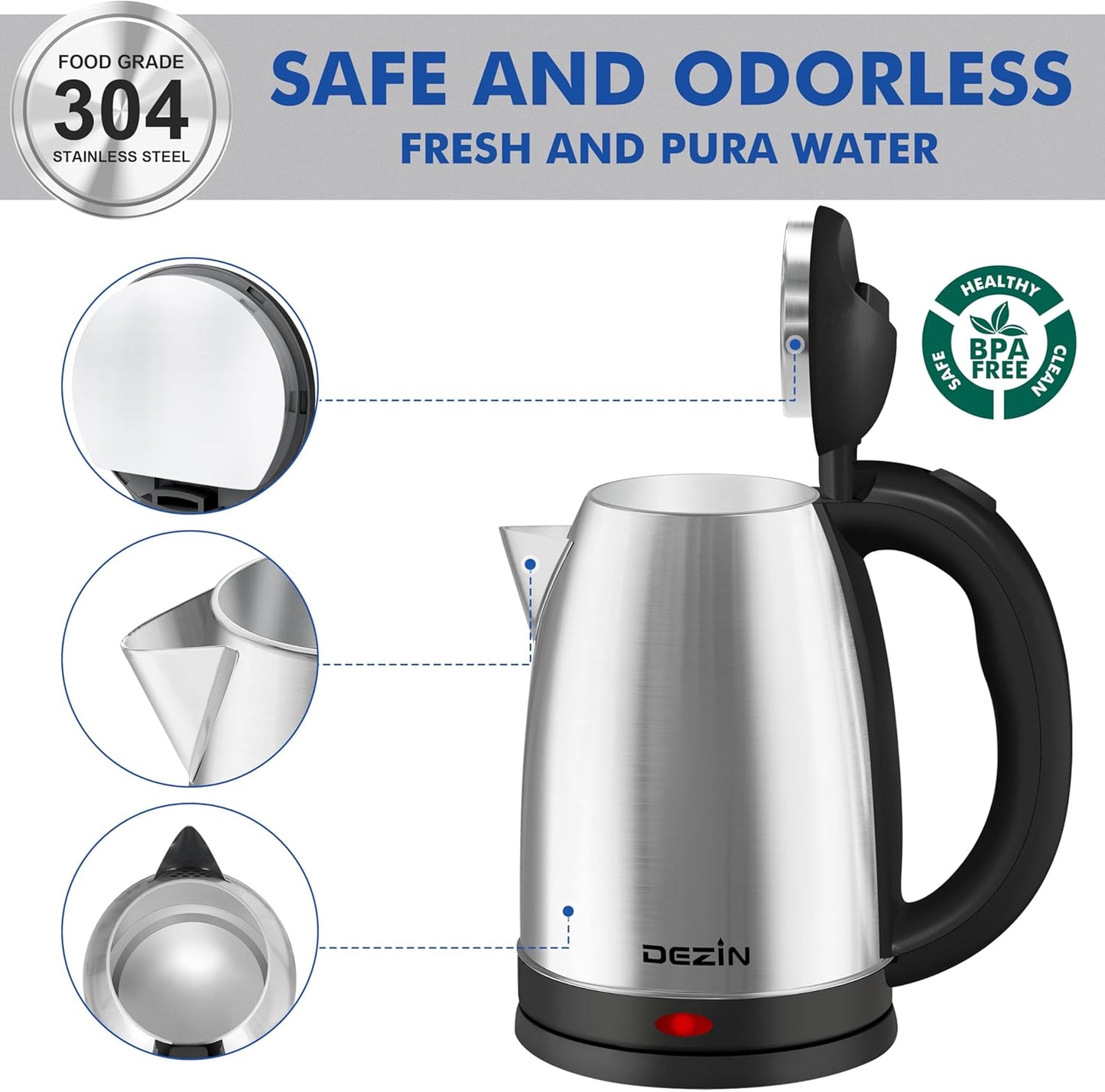 DEZIN Electric Kettle Upgraded, BPA Free 2L Stainless Steel Tea Kettle, Fast Boil Water Warmer with Auto Shut Off and Boil Dry Protection Tech for Coffee, Tea, Beverages