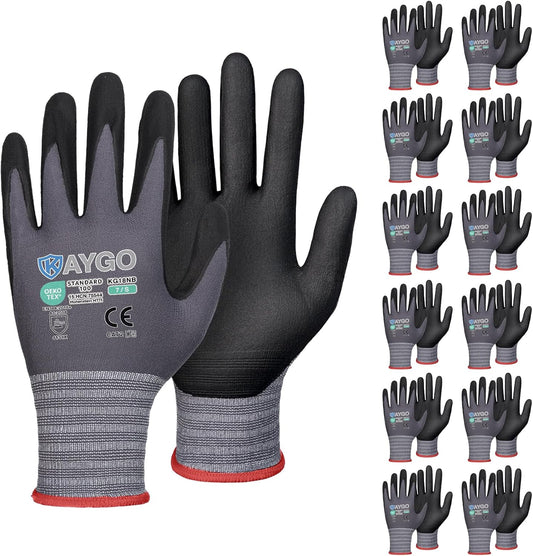 KAYGO Safety Work Gloves MicroFoam Nitrile Coated, 12 Pairs KG18NB,Seamless Knit Nylon Glove for Men and Women, Ideal for Automotive,Warehouse,Construction (Small,Gray)