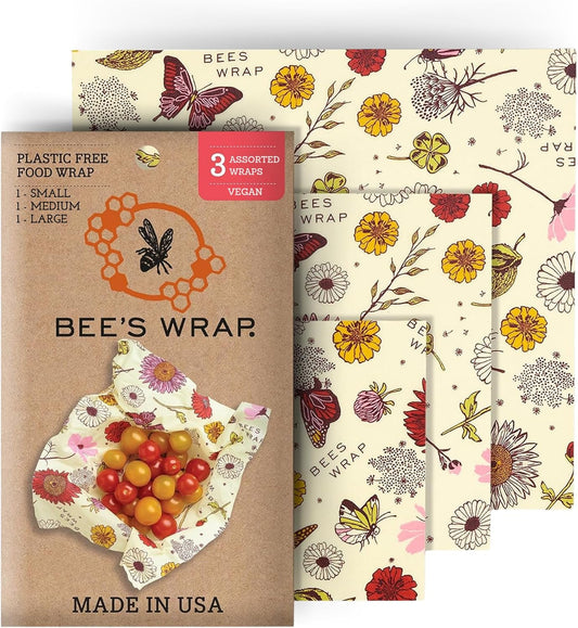 Bee's Wrap Vegan Beeswax Wraps for Food - Vegan Meadow Magic 3 Pack (S, M, L) Made in USA Reusable & Organic Food Wraps, Sandwich Wrap & Bowl Covers - Eco Alternative to Aluminum Foil & Plastic Wrap