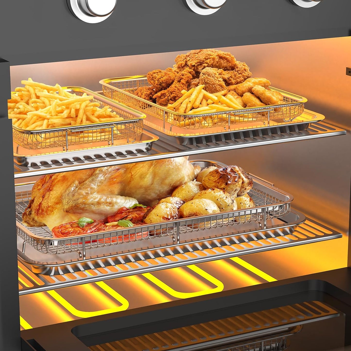 Air Fryer Basket for Oven, 3 Set Stainless Steel Oven Air Fryer Basket and Tray with 90 PCS Parchment Papers, OPENICE Air Fryer Pans and Crisper Tray - 18.7" x 12.8", 15.6" × 11.6" & 12.8" × 9.6"