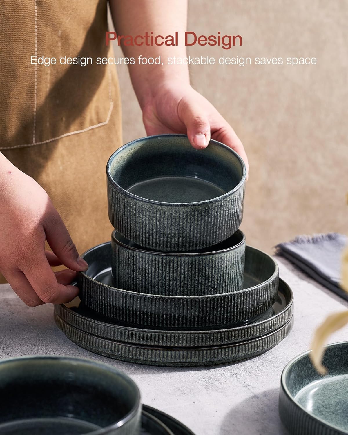 Famiware Star Dinnerware Set, Plates and Bowls Sets for 8 (24pcs), Ribbed Stoneware Dishes - Chip & Scratch Resistant, Microwave & Dishwasher Safe, Deep Forest