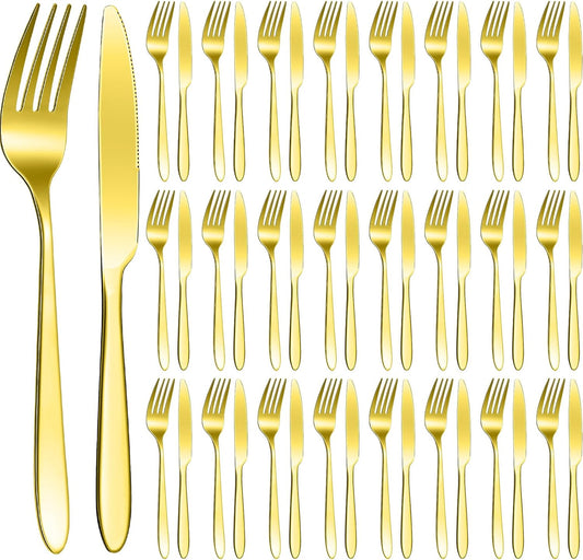 Nuenen 50 Pieces Stainless Steel Forks Silverware Set Dinner Forks and Knives Flatware Tableware Cutlery Set for Kitchen Restaurant(7.1 x 1 Inch, 8.4 x 0.7 Inch,Gold)