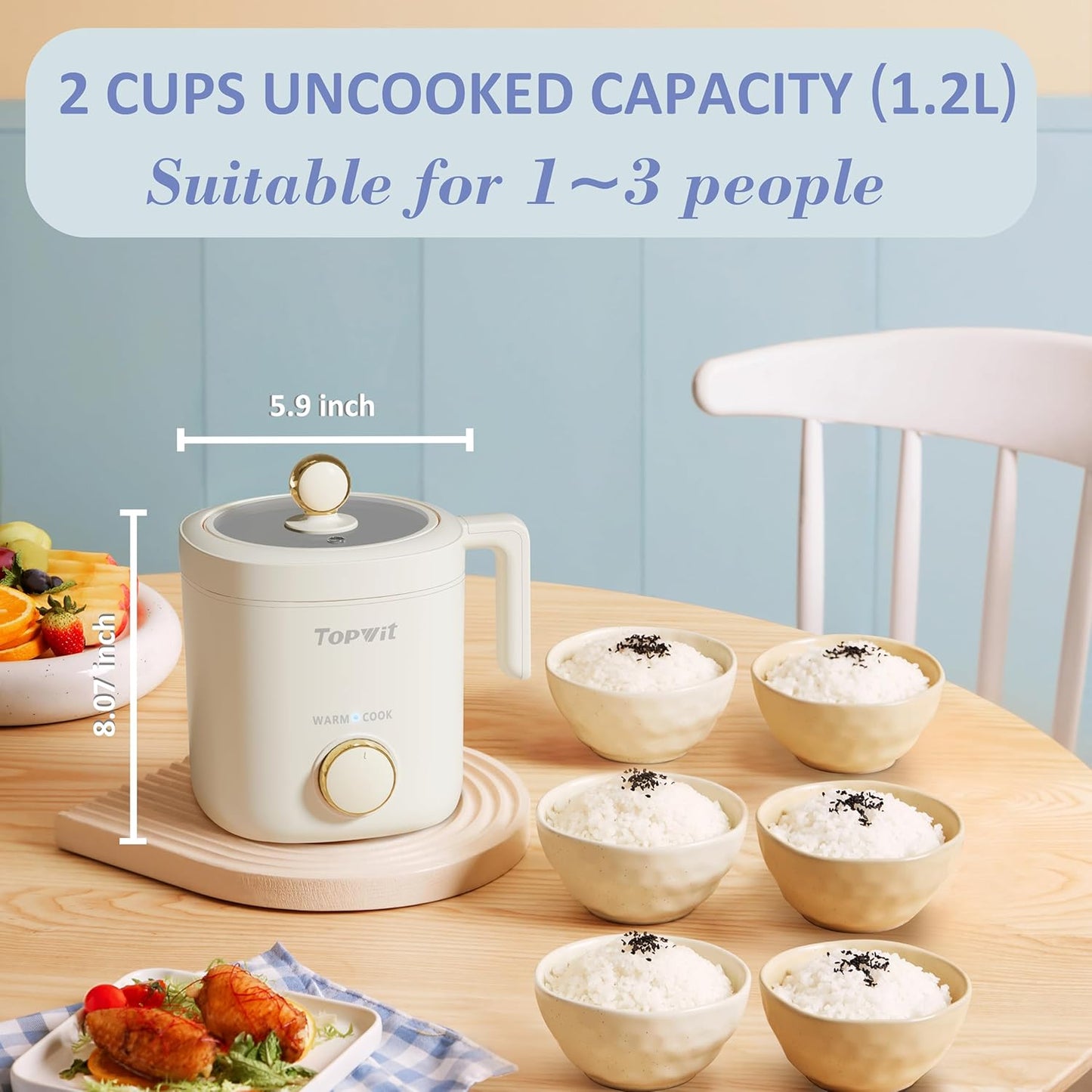 TOPWIT Rice Cooker Small, Mini Rice Cooker 2 Cups Uncooked, 1.2L Portable Rice Maker with Non-stick Coating, BPA Free, One Touch & Keep Warm Function, Beige
