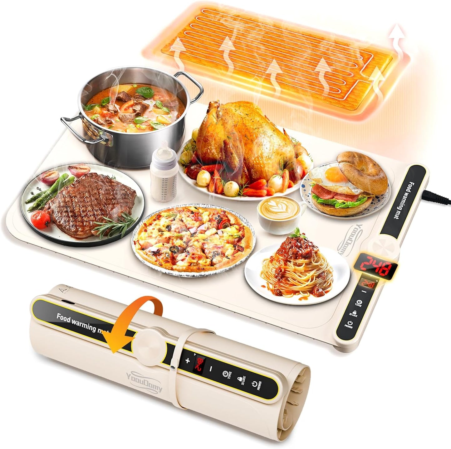 Warming Mat for Food - Electric Warming Tray with 9 Temperature Settings and 6 Hours Timer Food Warming Mat with Full Surface Heating for Buffets Party Gatherings(Beige)