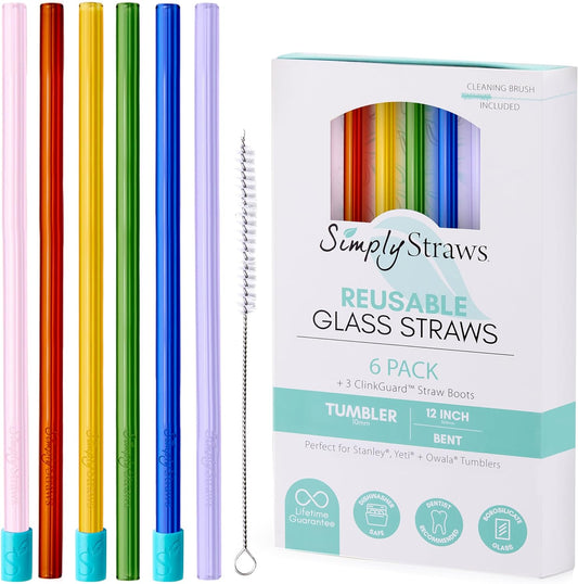 Simply Straws 12 Inch Glass Straws Straight (6-Pack) – Reusable Glass Straws for Stanley 40 Oz Tumbler, with Cleaning Brush – Durable, Dishwasher Safe, Hot & Cold Use, BPA-Free (Iridium)