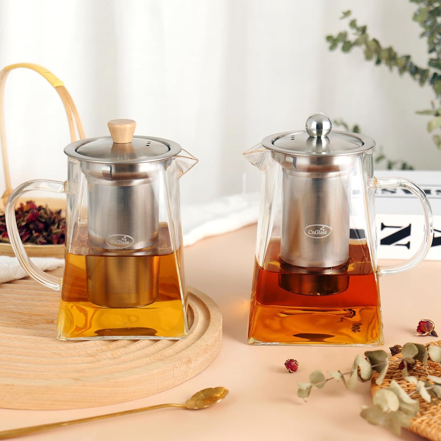 CNGLASS Glass Teapot with Infuser,24oz Clear Glass Tea Kettle with Removable Stainless Steel Strainer,Stovetop Safe Glass Teapot for Blooming and Loose Leaf Tea…