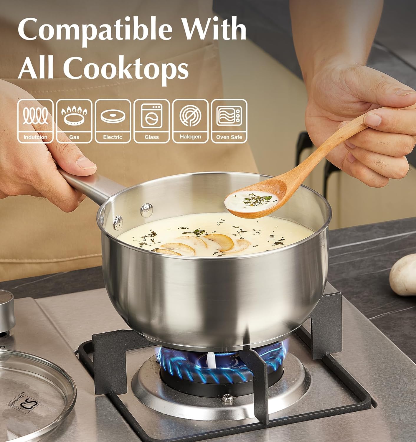 KOCH SYSTEME CS Stainless Steel Saucepan, 3 Quart Saucepan with Lid, Premium Stainless Sauce Pan, Indutcion Sauce Pan with Lid, Stainless Steel Pot 3 QT, Easy to Clean, Oven Safe