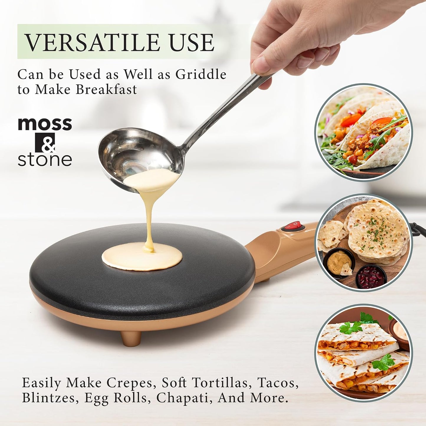 Moss & Stone Gold Electric Crepe Maker 8 Inch, Portable Crepe Maker & Hot Plate Cooktop On/Off Switch, Nonstick Coating, Automatic Temperature Control, Easy To Use For Pancakes, Blintz