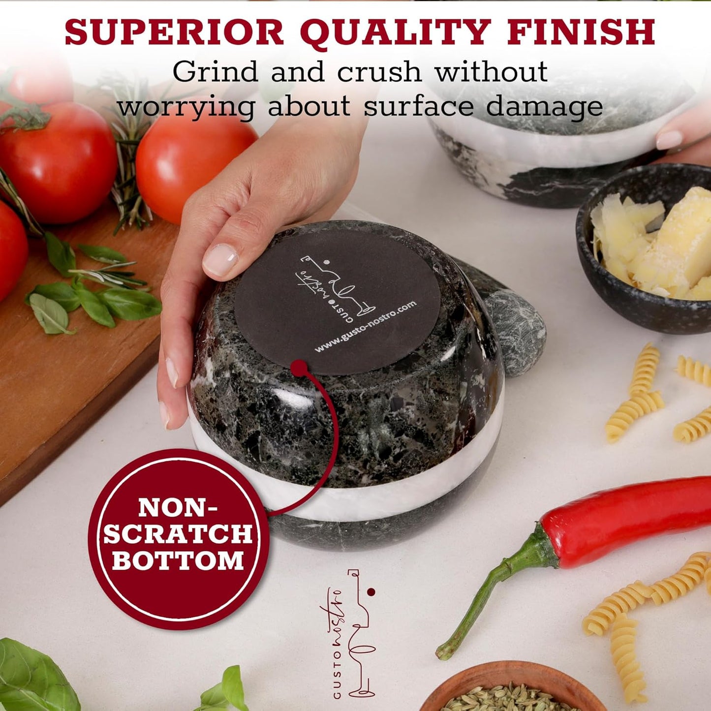 Gusto Nostro Natural Marble Mortar and Pestle Set Small| 4 Inch - 1.5 Cup | Mini Mortar Pestle Set for Grinding Herbs, Nuts, Grains | Pesto Grinding and Guacamole Stone Bowl | Marble Spice Crusher