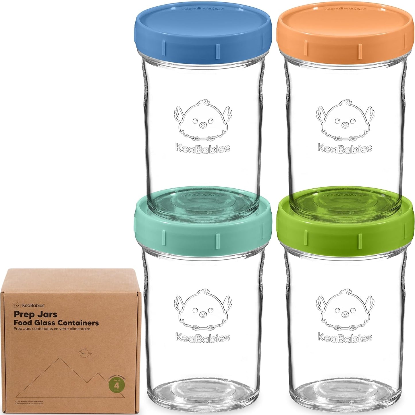 KeaBabies 4pk 8oz Glass Baby Food Containers with Lids - Leak-Proof, Microwavable Small Glass Jars, Baby Purees & Toddler Snack Storage Containers, BPA-Free, Dishwasher & Freezer Safe (Kea)