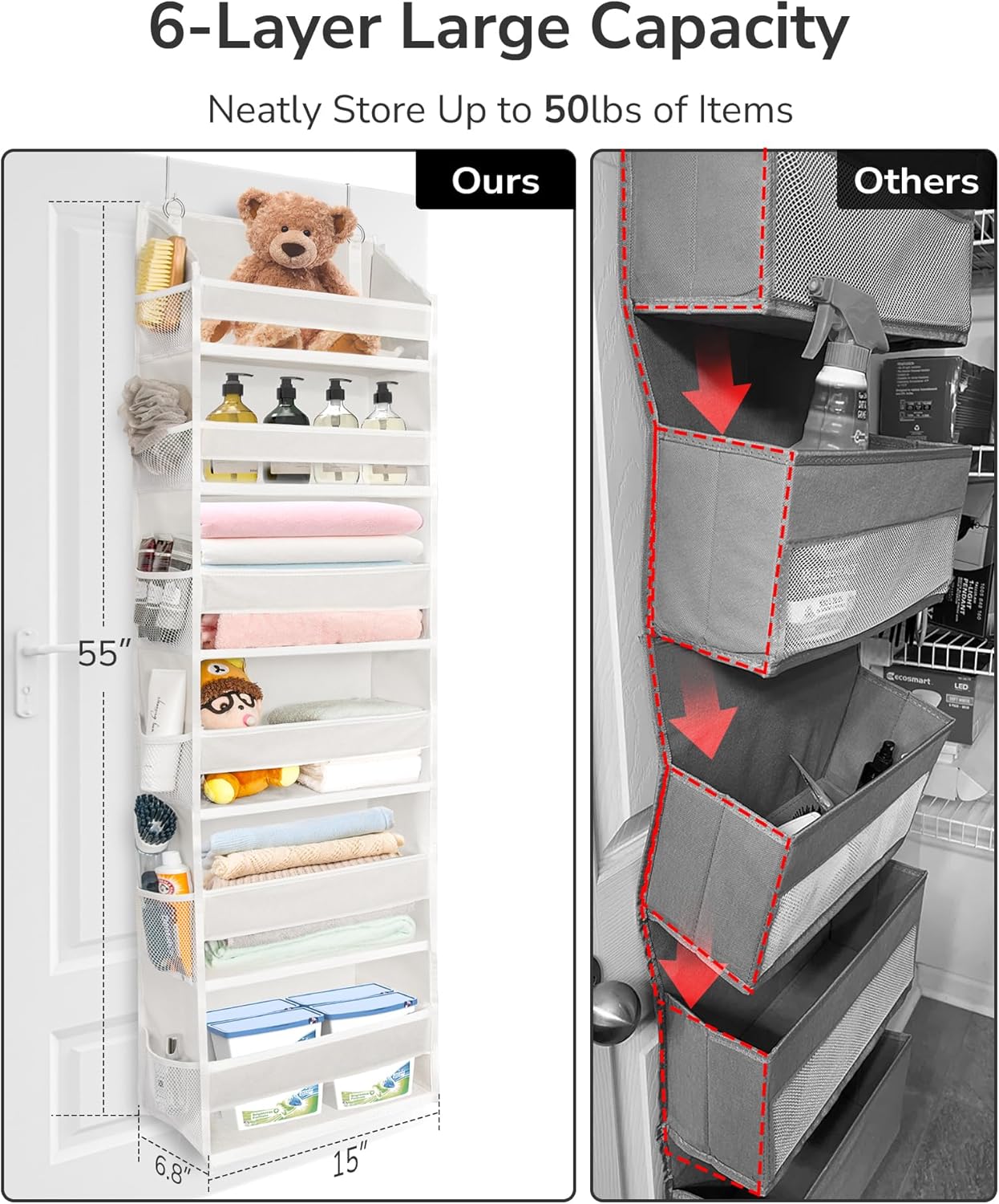 ULG Over The Door Organizer with 6 Large Pockets 12 Side Pockets, 50lbs Weight Capacity Door Hanging Organizer for Bedroom, Bathroom, Pantry, Nursery Storage, Beige