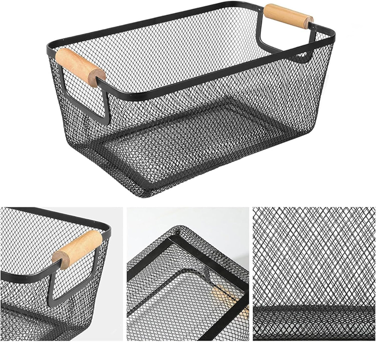 Metal Mesh Steel Basket, Medium Wire Storage Organizer Basket Multi-function Hanging Kitchen Basket with Wood Handle for Kitchen Bathroom Picnic Home, Rectangle-Black