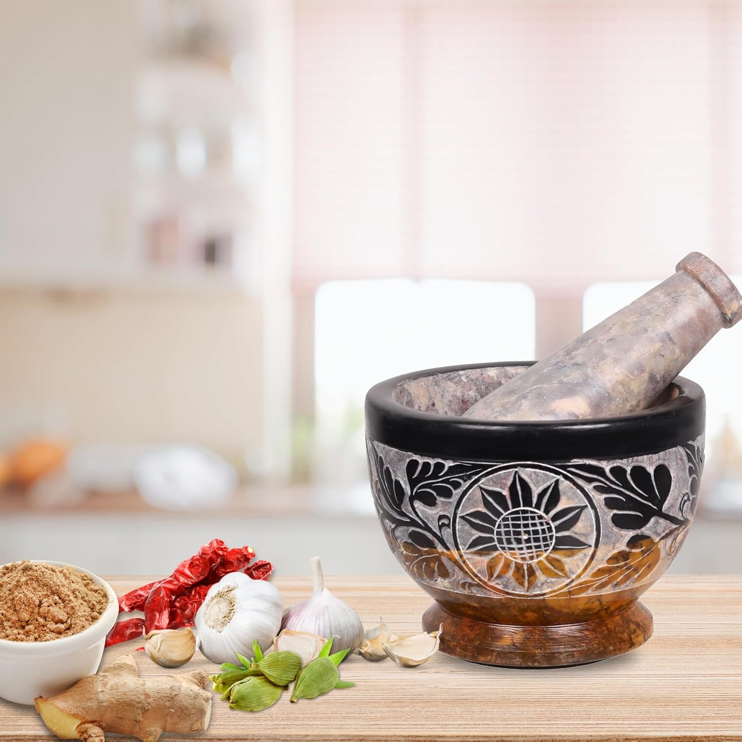 Mortar and Pestle, Made of Heavy Duty Polished Hard Stone, Natural Stone Grinder for Spices, Pastes, Herbs, Seasoning etc. (Black & Yellow)