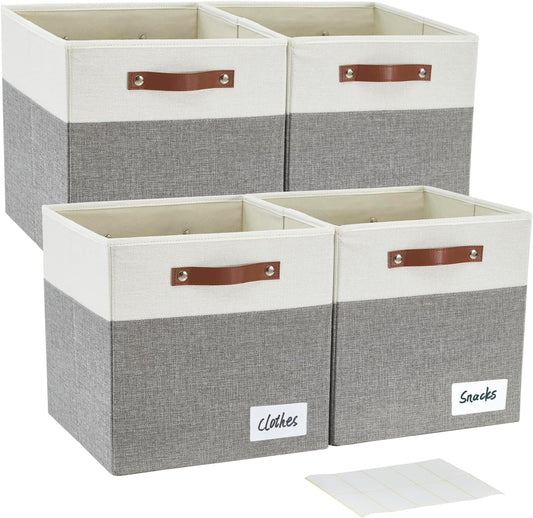 Collapsible Fabric Storage Cube Bins with 2 Reinforced PU Handles, Foldable Storage Organizer Baskets for Closet, Shelves, Living Room | 11"x11"x11", 4 Pack, Gray & White