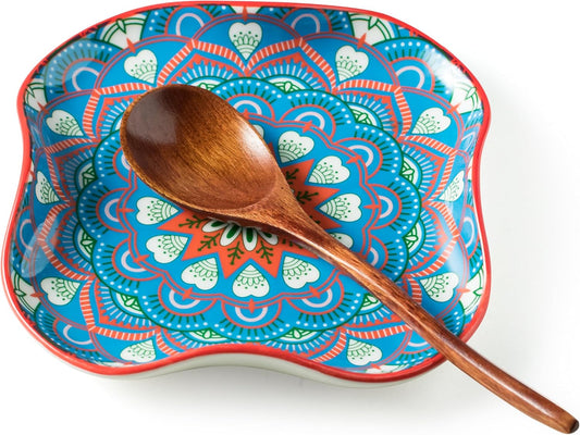 Spoon Rest for Stove Top, Bohemian Kitchen Gadgets, Ceramic Spoon Holder for Kitchen Countertop, Coffee Spoon Rest, Large Cooking Spatula Holder for Spoons, Ladles or Tongs, Blue and Red Boho