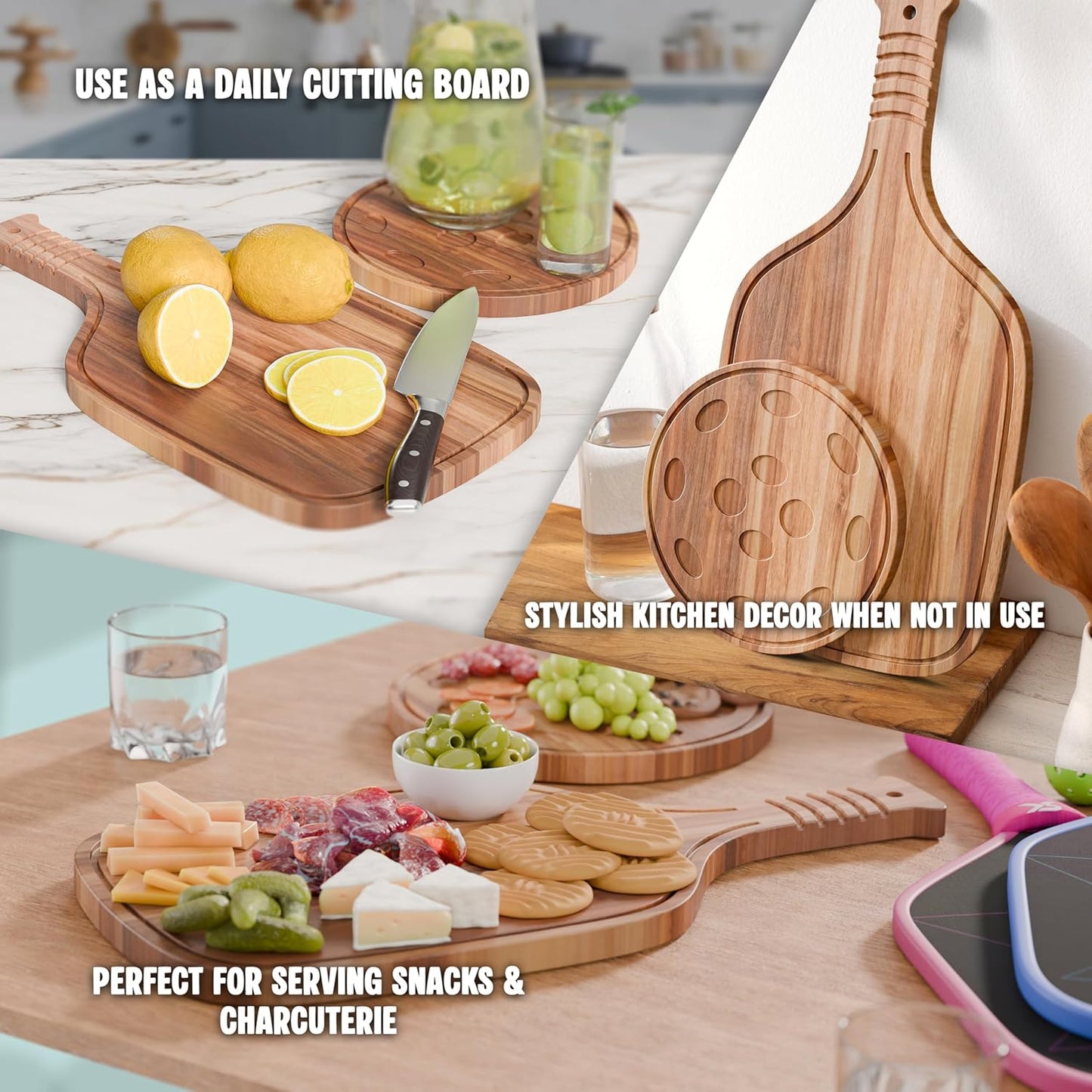 New – Set of Pickleball Paddle & Ball Charcuterie Board Set – Acacia Wood Cheese & Cutting Board (16.9” x 8.1”) Pickleball Gifts for Men/Women, Pickle Ball Plates, Pickle Ball Accessories