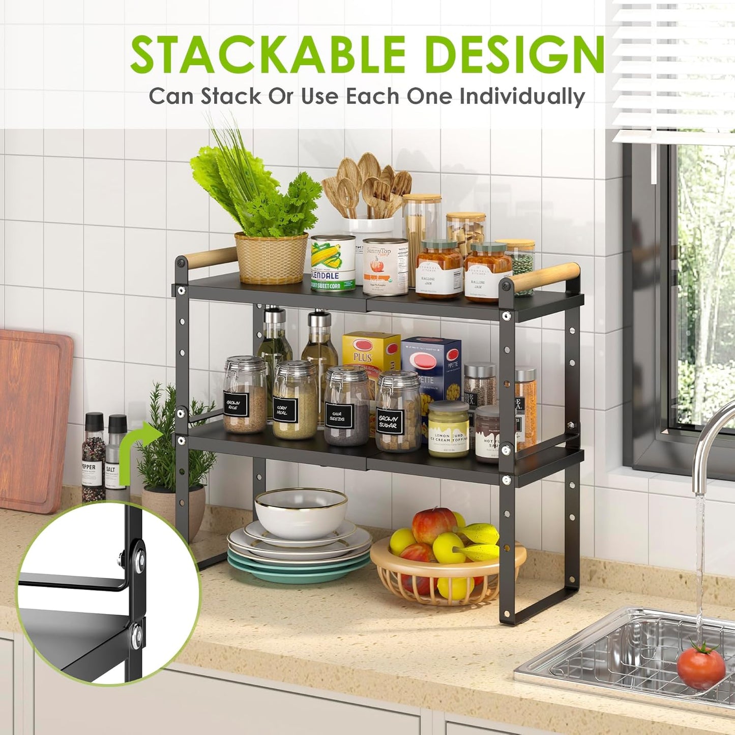 DOLALIKE Expandable kitchen Countertop Organizer, Stackable Cabinet Shelf Organizers, Space Saving Spice Rack Pantry Storage for Bathroom Office Organization (6.9'D*13-19.7''W*15.7''H, Black)