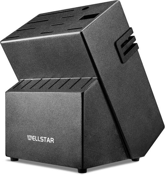 18-Slot Kitchen Knives Block, WELLSTAR Large Capacity Natural Wooden Knife Holder without Knives – Modern Hard Wood Counter-top Knife Storage with Built-in 2-Stage Knife Sharpener - Black