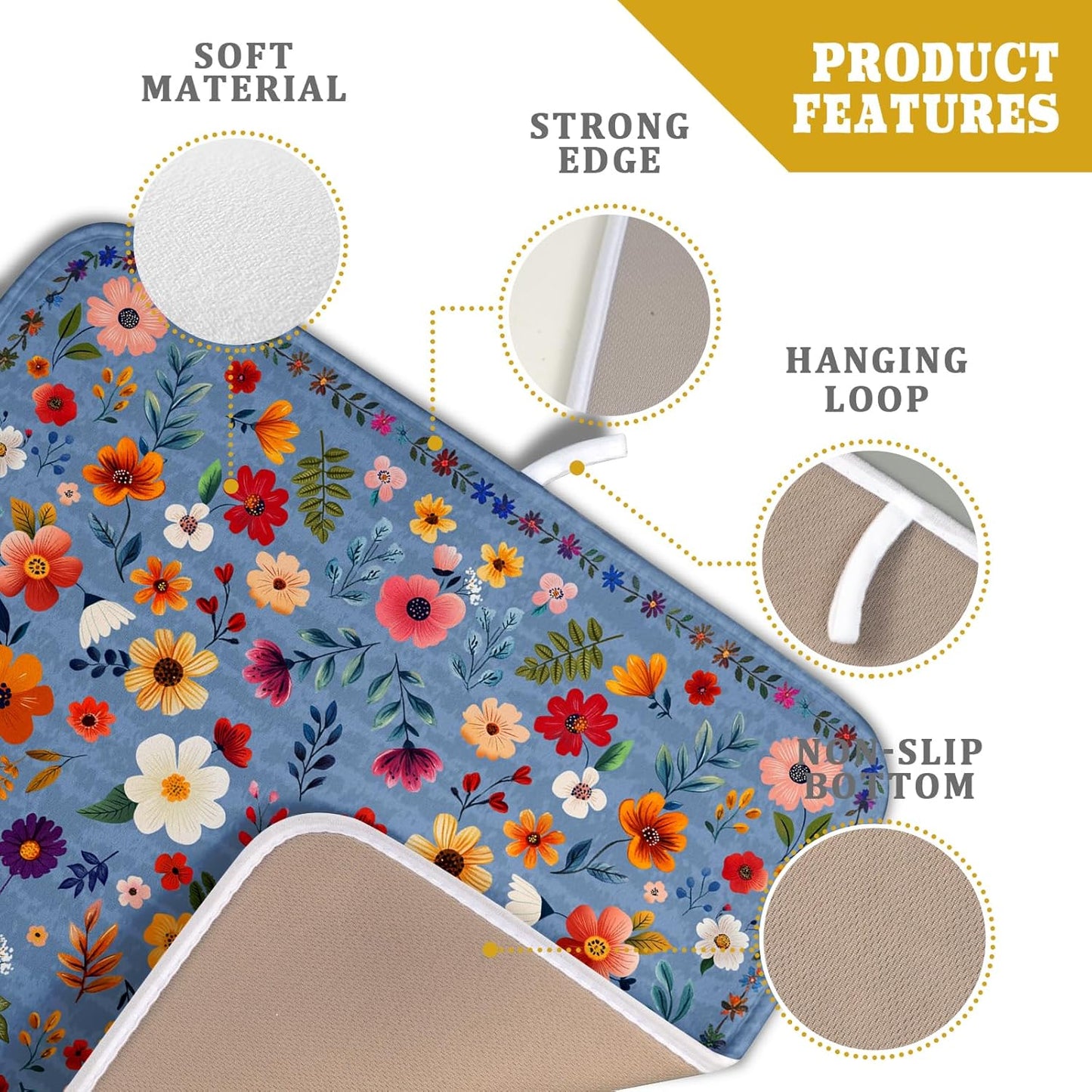 Lovely Flowers Dish Drying Mat - Blue Floral Kitchen Counter Microfiber Drying Pad 16 X 18 for Home Decor