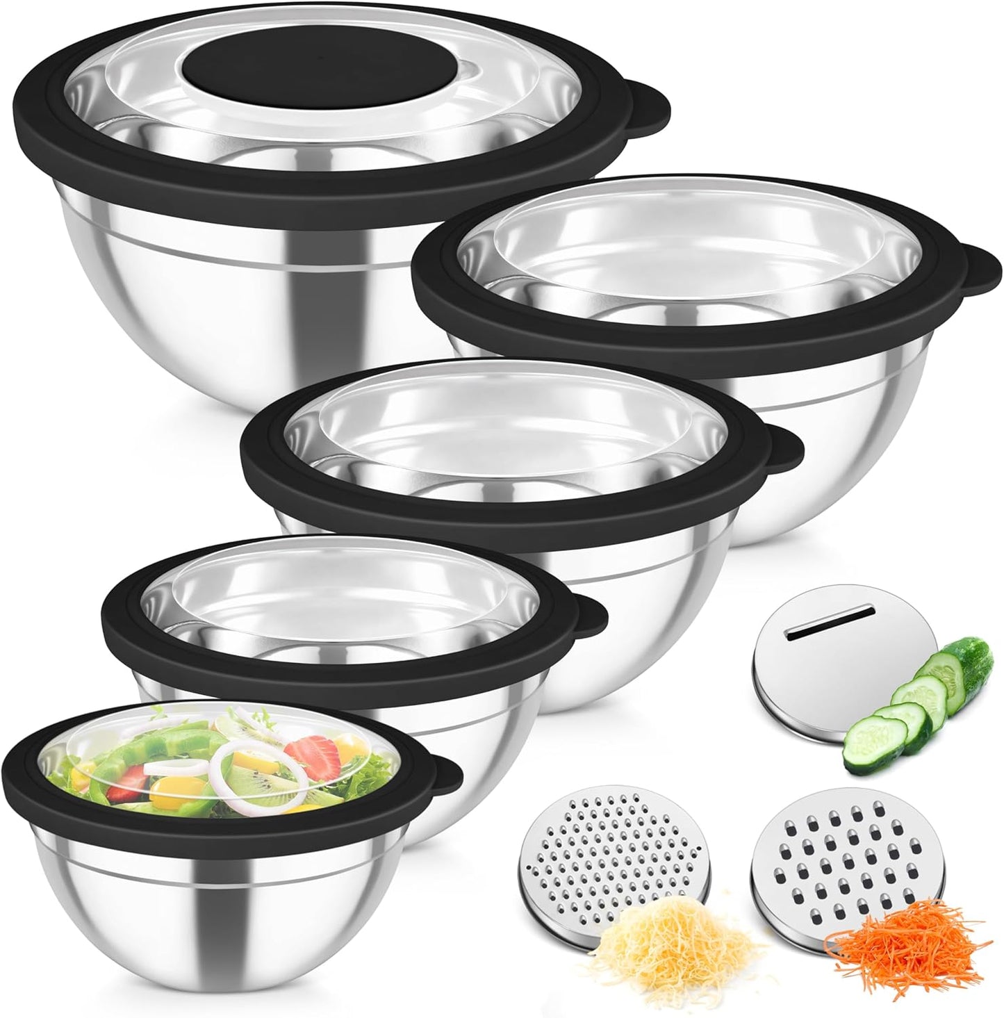 TeamFar Mixing Bowls, Stainless Steel Salad Serving Bowl with Clear Lids & 3 Graters, For Kitchen Cooking Prepping Storing, Size 4.6/2.6/1.5/1/0.7 QT, Nesting & Airtight, Set of 5 & Black