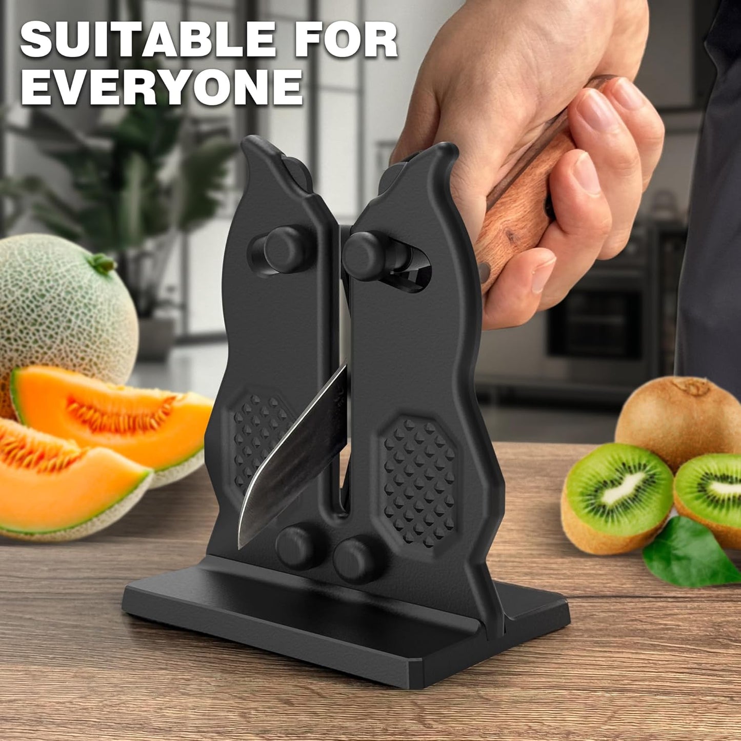 Edge Kitchen Knife Sharpener – Pull-Through Manual Sharpener with Spring Arms – Tungsten Carbide, Self-Adjusting Angle, Fast Edge Repair for Kitchen, Outdoor, and EDC Knives (Black)